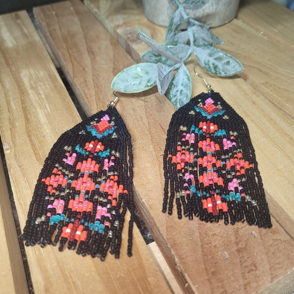 Handmade Beaded Floral Folk Blossoms Fringe Earrings  - Fiona - Picture 3 of 8